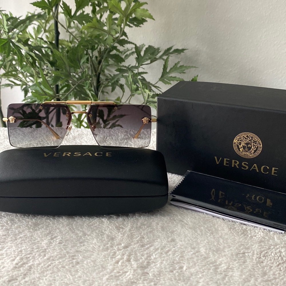 Versace Rectangular Rimless Sunglasses (Gold/Gray) - image 1